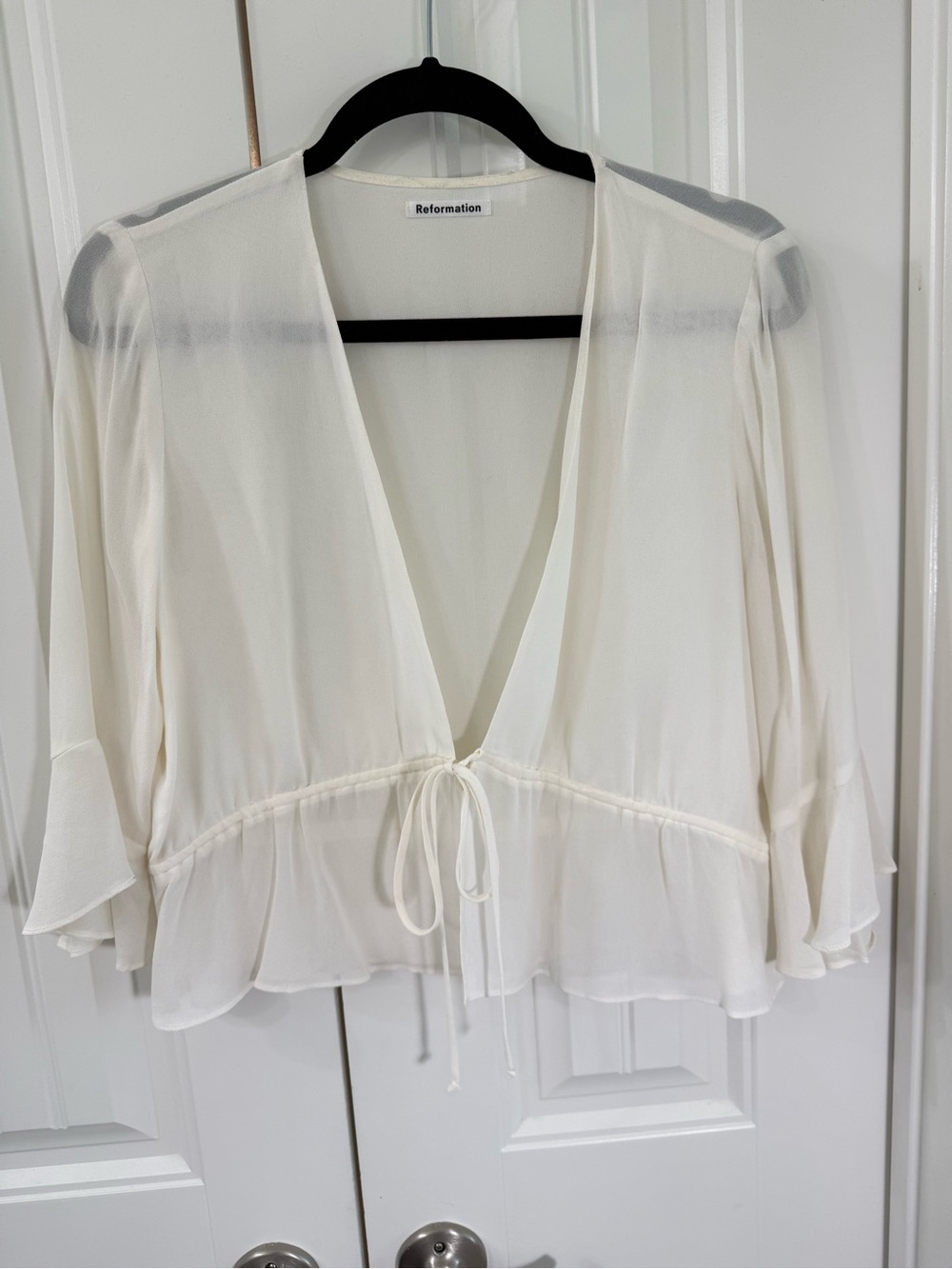 Reformation Ivory Tie-Front Sheer Peplum Blouse